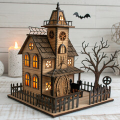 Halloween Haunted House Miniature with Spooky Tree and Glowing Lights, Halloween house scene lamp laser png