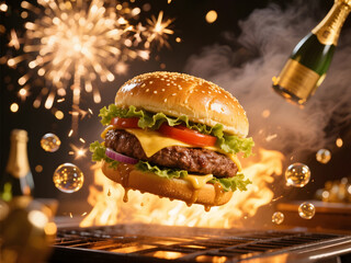 Glamorous New Year’s Eve burger with sesame bun, beef patty, cheese, lettuce and tomato levitating over grill with fireworks and champagne