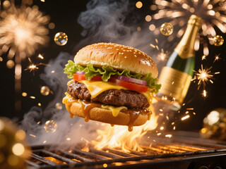 New Year’s Eve burger with sesame bun, beef patty, cheese, tomato and lettuce flying above grill with champagne bottles and fireworks