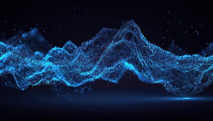 Abstract digital artwork showcases a dynamic, flowing, blue particle system against a dark background, with a soft, glowing effect.