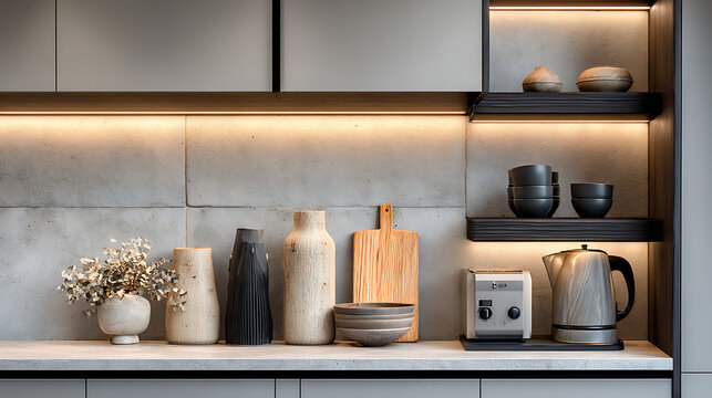 modern home interior kitchen space with contemporary design minimal cabinets hanging shelves cupboard organization creating functional stylish environment