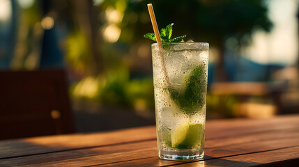 Refreshing mojito with lime and mint leaves served in tall glass with condensation and straw, mojito glowing in warm evening sunlight on outdoor wooden table, tropical cocktail summer refreshment