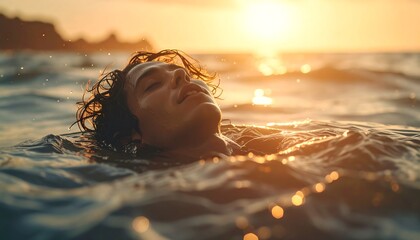 Man floating in ocean sunset