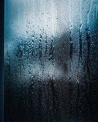 Raindrops on window at dusk, raindrops stream down cold glass while raindrops shimmer in moody blue light, blurred city fades behind, quiet weather mood, cozy introspection concept theme