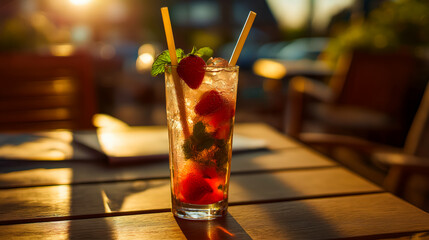 Refreshing strawberry mojito with mint leaves and ice cubes served in tall glass with paper straws, strawberry mojito glowing in sunset light, tropical cocktail summer evening mood