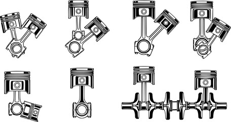 Obraz premium Car engine piston icons set. Collection of various engine pistons, highlighting diverse connecting rod and crankshaft configurations 