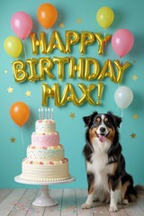 Joyful Dog Birthday Celebration with Balloons and Cake