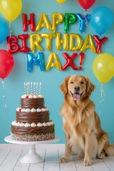 Joyful Dog Birthday Celebration with Balloons and Cake
