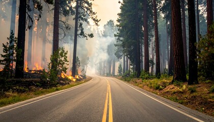 Obraz premium A winding road through a burning forest, smoke fills the air as flames engulf trees in a natural disaster