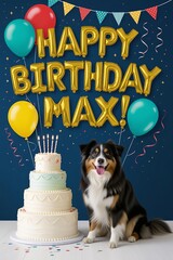Joyful Dog Birthday Celebration with Balloons and Cake