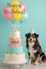 Joyful Dog Birthday Celebration with Balloons and Cake