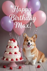 Joyful Dog Birthday Celebration with Balloons and Cake