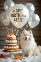 Joyful Dog Birthday Celebration with Balloons and Cake