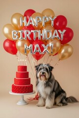 Joyful Dog Birthday Celebration with Balloons and Cake