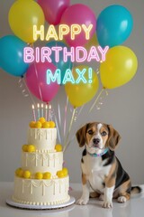 Joyful Dog Birthday Celebration with Balloons and Cake