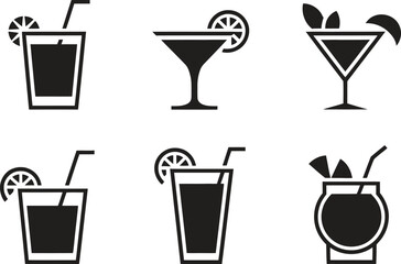 Collection of six black and white cocktail glass icons with garnishes