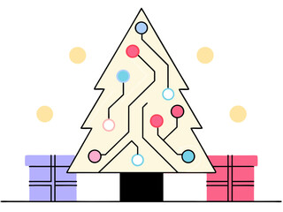 Christmas tree made of circuit board with colorful lights and gift boxes, vector illustration