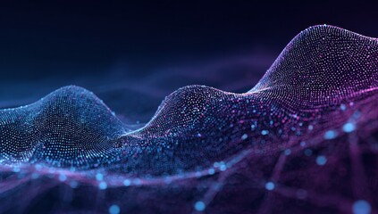 Abstract digital landscape of glowing points, displaying undulating forms in deep blue and violet tones.