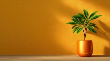 Green Plant in Vase on Warm Wall Reflects Light