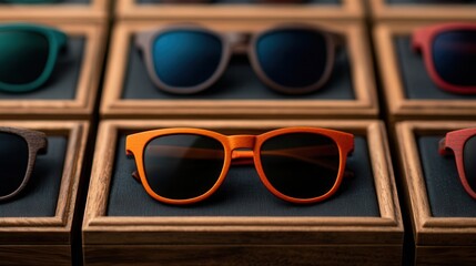 Colorful Sunglasses in Wooden Displays Sit for Sale