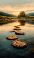 Stepping Stones Across Water at Sunset in Nature