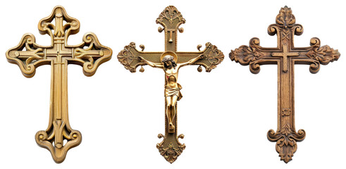 Fototapeta premium PNG Ornate gold crosses collection, element set on transparent background