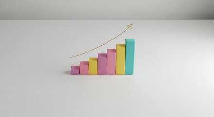 3D Bar Graph Showing Growth Trend with Colorful Bars and Arrow on White Background