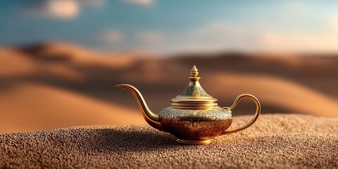 Golden Genie Lamp Sits in Vast Desert Landscape