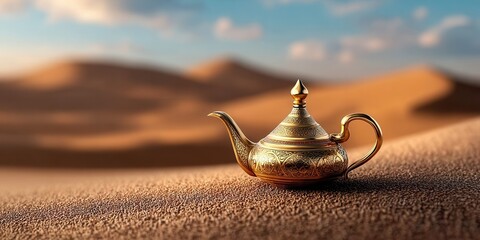 Golden Teapot Sits in the Sahara Desert Landscape