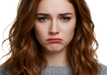 Disappointed Young Woman with Sad Expression and Worried Eyes, Close-up Portrait Studio Shot