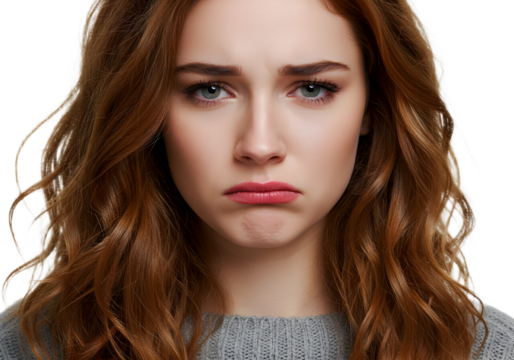 Disappointed Young Woman with Sad Expression and Worried Eyes, Close-up Portrait Studio Shot