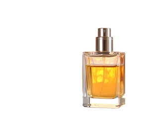 _Elegant Glass Perfume Bottle with Light Amber Liquid on Background for Beauty and Fra