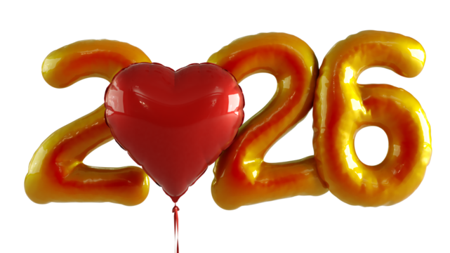 2026 Happy New Year celebration. Inflated golden balloons forming the number 2026 against a white backdrop, - Powered by Adobe
