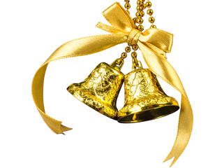Elegant golden bells with a satin ribbon bow