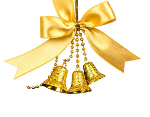 Elegant golden bells with a satin ribbon bow 