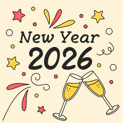 Celebrating new year 2026 with champagne glasses toasting in a festive design with stars and confetti on a beige background for holiday cheer