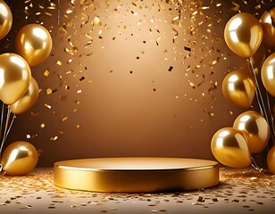 A golden 3D podium with confetti and balloons for a birthday party or celebration