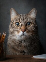 Brown Tabby Cat Wearing Glasses Sits at Desk