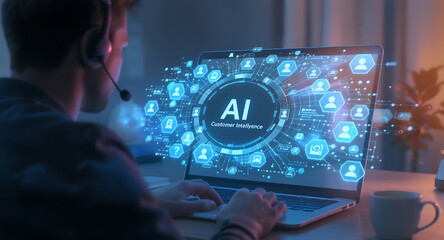 Person wearing headset works on laptop with glowing ai interface and network connections