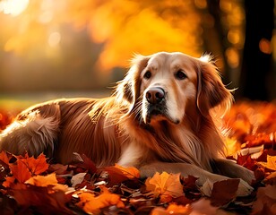 Gorgeous, cozy lighting with a golden retriever puppy lounging amid a heap of fall foliage