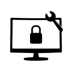 Security settings on computer with wrench for maintenance and fixes graphic