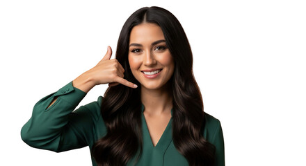 Radiant young woman with a friendly smile extends an invitation for communication, making a 'call me' gesture, symbolizing connectivity