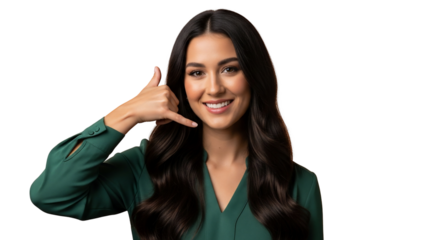 Radiant young woman with a friendly smile extends an invitation for communication, making a 'call me' gesture, symbolizing connectivity