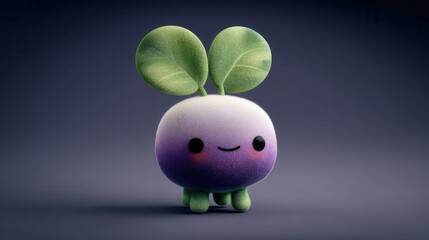 Fluffy Purple Turnip With Leaves Stands in Studio