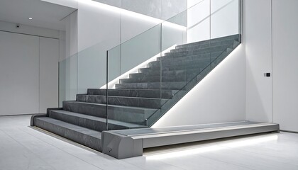 Modern stone stairs with glass railing in a minimalist interior