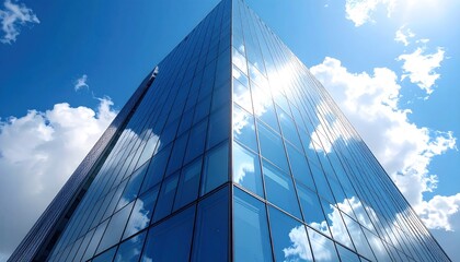 Modern architecture: Captivating view of a glass skyscraper against a blue sky with clouds