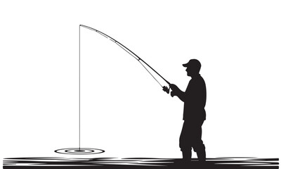 Obraz premium Silhouette of a Person Fishing with a Bent Rod and Line