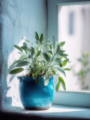 Pot of Sage on a Window Sill in the Morning