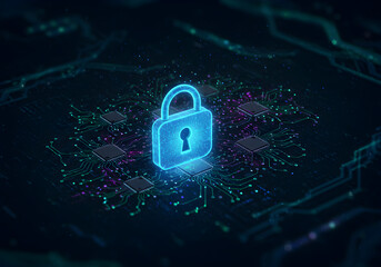 Digital padlock hologram protected by AI circuits, futuristic cyber security technology, glowing tech concept