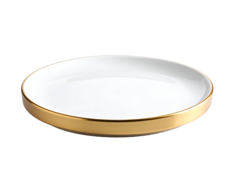 Elegant white plate with a gold rim, perfect for serving gourmet dishes and enhancing dining experiences. - Powered by Adobe